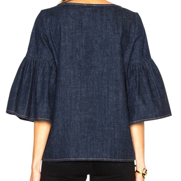 SUNO Slightly Oversized Blue Denim Shirred Bell Sleeve Boxy Blouse size 0 - Picture 2 of 11